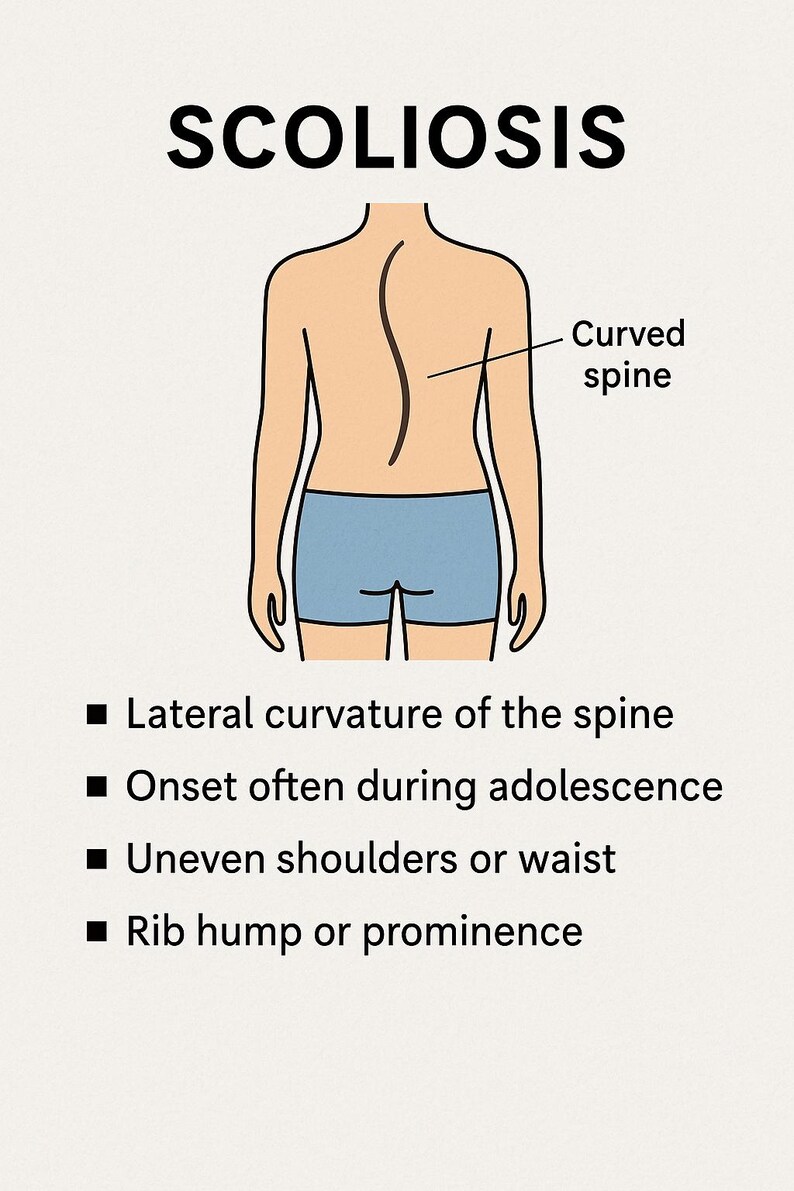 May include: Illustration of scoliosis, a condition that causes a sideways curve in the spine. The illustration shows a person with a curved spine, uneven shoulders, and a rib hump. The text "SCOLIOSIS" is at the top of the image. The text "Curved spine" is next to the illustration. The text below the illustration describes the condition: "Lateral curvature of the spine", "Onset often during adolescence", "Uneven shoulders or waist", and "Rib hump or prominence".
