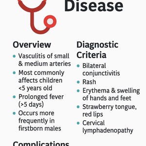 May include: An infographic about Kawasaki disease, a condition that affects children under 5 years old. The infographic includes a stethoscope, a list of symptoms, and a list of complications.