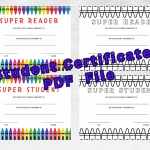 Op de afbeelding: Twee printbare certificaten voor "Super Lezer" en "Super Leerling". Elk certificaat heeft een kleurrijke crayonrand en ruimte voor de naam van de leerling, de datum en de naam van de leraar.