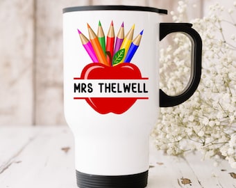 Personalised Teacher Travel Mug, Apple & Pencils Teacher Gift, Thank You Teacher Gift, Thank You Gift, Teacher Appreciation Gift.