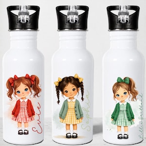 May include: Three white metal water bottles with black lids and straws. Each bottle features a cartoon illustration of a girl in a gingham dress and cardigan, with the names Evie, Sophia, and Lillie Brittland printed in cursive script.
