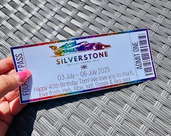 Entrada metalizada para el Gran Premio de Gran Bretaña de Fórmula 1 de Silverstone, entrada personalizada para el fin de semana de automovilismo, opciones de color en las láminas, regalo sorpresa para recordar.