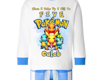 Pijama de cumpleaños personalizada "Cuando me despierte seré Poke" / Pijama infantil personalizada / Azul o rosa "¡Atrápalos a todos!"