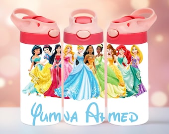 Botella de agua de princesa para niños, botella de agua personalizada para niños, botella de agua para niños de regreso a clases, botella de agua escolar para niños.