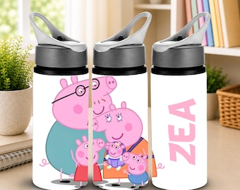 Personalised Pig Water Bottle, Custom Name Kids Bottle, Cute Farm Animal Drink Bottle, Back to School Gift, Girls Aluminium Flask
