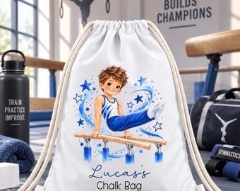 Personalised Boys Gymnastics Chalk Bag, Custom Name Gymnast Chalk Storage Bag, Boys Gymnastics Gift, Parallel Bars Drawstring Bag