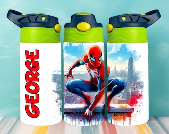 Botella de agua personalizada de Spider-Man para niños: acero inoxidable, botella escolar a prueba de fugas, regalo de superhéroe para niños y niñas.