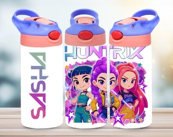 Botella de agua infantil personalizada con nombre – Botella escolar Demon Girls – Regalo infantil con tapa abatible