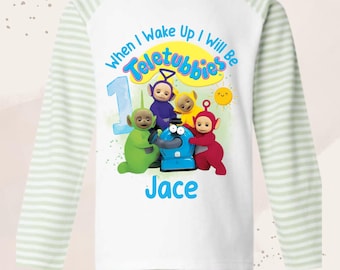 Pijama de cumpleaños personalizada "Cuando me despierte seré Tubbie" / Pijama infantil personalizada / Regalo para la víspera del cumpleaños de un niño.