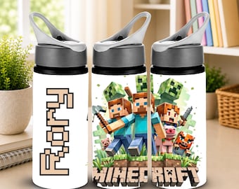 May include: A white water bottle with a gray lid and handle, featuring the name Rory in pixelated font on one side and a colorful Minecraft graphic with characters, animals, and the Minecraft logo printed on the other side of the bottle.