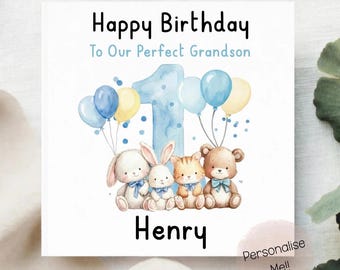 Personalised 1st Birthday Card Grandson – Cute Animal First Birthday Card – Custom Name Baby Boy Card – Grandson 1st Birthday