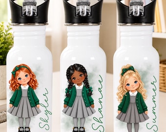 Personalised Girls School Water Bottle, Bottle Green Uniform Bottle, Grey Pinafore Kids Drink Bottle, Custom Name Back to School Gift