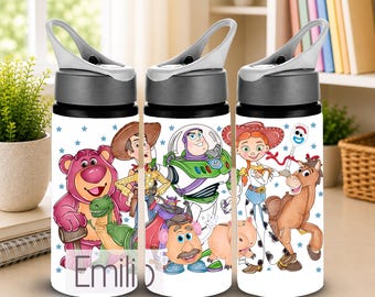 Personalised Toy Adventure Water Bottle, Custom Name Kids Cowboy Space Dinosaur Drink Bottle, Back to School Gift