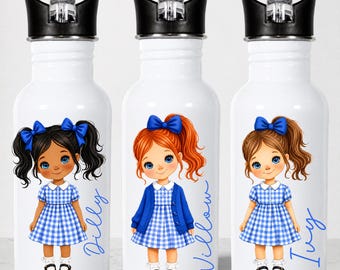 Personalised School Girl Water Bottle, Blue Gingham School Dress with Name, Drink Bottle Girl, Back to School Bottle