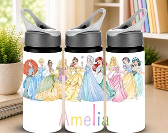 Personalised Princess Water Bottle, Custom Name Girls Bottle, Fairytale Kids Drink Bottle, Back to School Gift