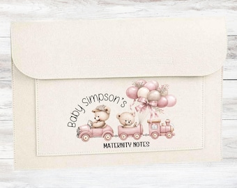 Personalised Maternity Notes Folder | Baby Girl Teddy Train Design, Mum To Be Gift