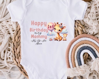 1st Birthday As My Mommy Personalised Baby Vest, Mamas Birthday Gift. 1st Birthday. Baby’s White Cotton Vest. Short Sleeve Bodysuit.