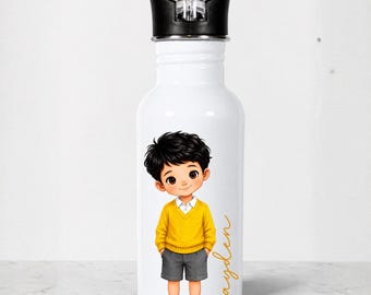 Personalised Boys Water Bottle, Custom Name School Drink Bottle, Illustrated Boy Design