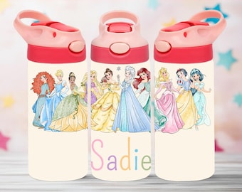 Botella de agua de acero inoxidable personalizada con diseño de princesas para niños / Botella térmica para bebidas infantiles / Botella reutilizable / Para la escuela y viajes