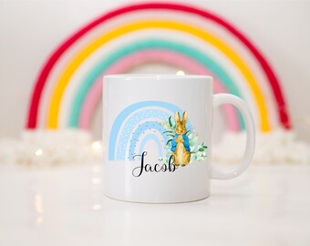 Rabbit & Rainbow Children's Mug, Pink Or Blue Small Kids Unbreakable Cup. Personalised Rabbit Cup, 6oz Mugs. Boy/Girl Cup,