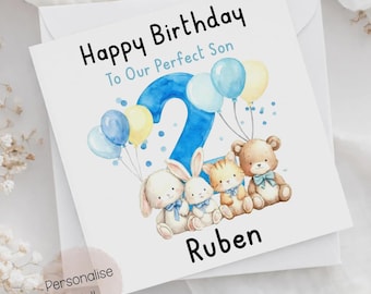 Personalised Son's 2nd Birthday Card – Blue Animals, Custom Name Boy Card