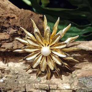 Sun Burst Daisy Flower Gold Tone Brooch with Faux Pearl.
