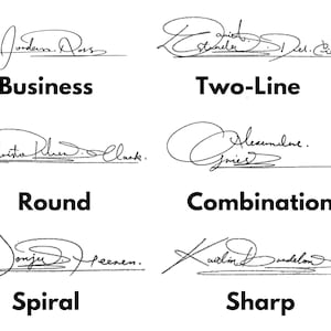 Pode incluir: Uma coleção de seis estilos de assinatura em tinta preta, cada um com um design único. Os estilos são rotulados como "Business", "Two-Line", "Round", "Combination", "Spiral" e "Sharp". A imagem está em um fundo branco.