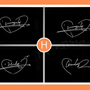 K&ouml;nnte beinhalten: Vier schwarze Quadrate mit wei&szlig;en handschriftlichen Unterschriften. Zwei Unterschriften befinden sich in einer Herzform mit einem Pfeil hindurch. Die anderen beiden Unterschriften sind ebenfalls kursiv. Der Buchstabe "H" befindet sich in einem orangefarbenen Kreis in der Mitte.