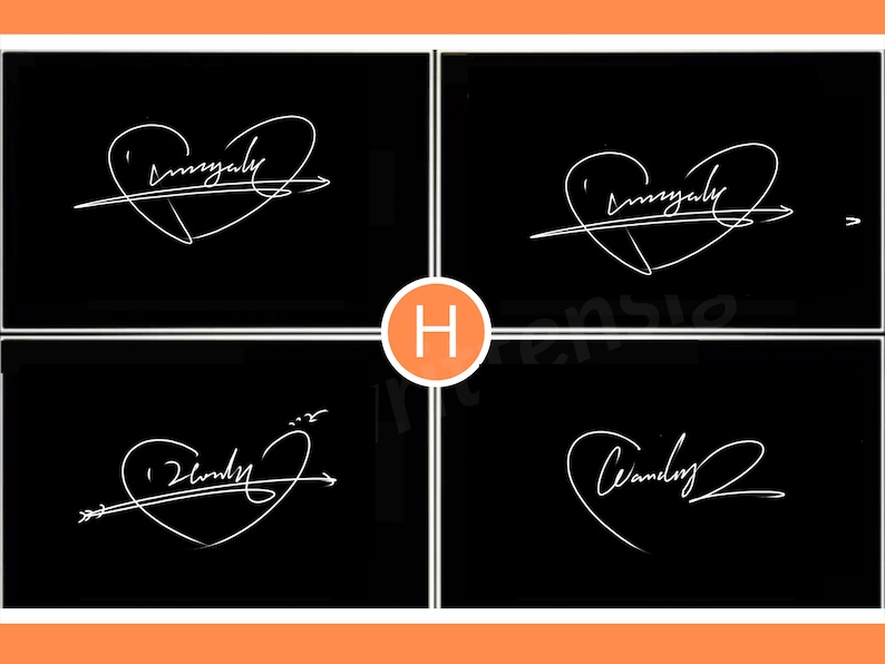 K&ouml;nnte beinhalten: Vier schwarze Quadrate mit wei&szlig;en handschriftlichen Unterschriften. Zwei Unterschriften befinden sich in einer Herzform mit einem Pfeil hindurch. Die anderen beiden Unterschriften sind ebenfalls kursiv. Der Buchstabe "H" befindet sich in einem orangefarbenen Kreis in der Mitte.