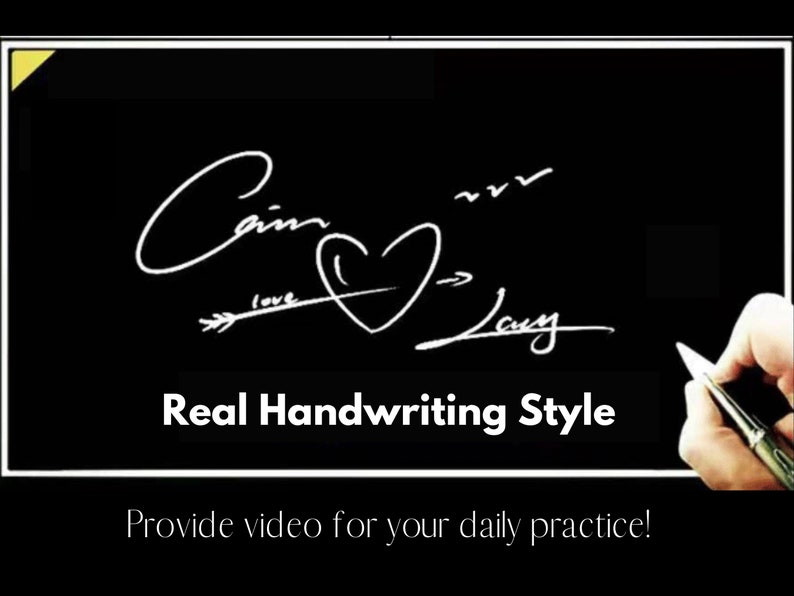 K&ouml;nnte beinhalten: Schwarzer Hintergrund mit wei&szlig;em Schreibschrifttext "Cain love Lucy" mit Herz- und Pfeildesign. Darunter steht der Text "Real Handwriting Style". Der Satz "Provide video for your daily practice!" steht unten.