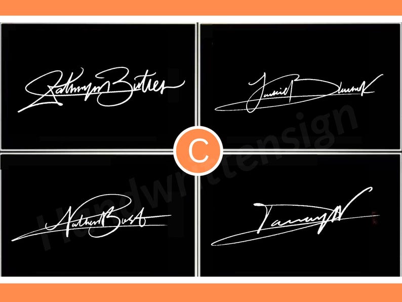 K&ouml;nnte beinhalten: Vier schwarze Quadrate, die jeweils eine einzigartige wei&szlig;e Unterschrift zeigen. Die Unterschriften sind in einem kursiven Stil handschriftlich verfasst. Das Bild hat einen orangefarbenen Rand und einen wei&szlig;en Kreis mit dem Buchstaben "C" in der Mitte.