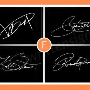 K&ouml;nnte beinhalten: Vier Beispiele f&uuml;r wei&szlig;e Signaturdesigns auf schwarzem Hintergrund. Die Signaturen sind im Kursivstil gehalten, wobei jede einzigartig ist. Das Bild hat einen orangefarbenen Rahmen und ein wei&szlig;es Raster.