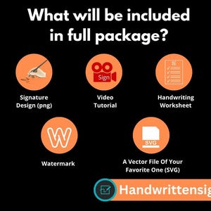 K&ouml;nnte beinhalten: Ein Bild mit dem Text "What will be included in full package?" mit Symbolen f&uuml;r Signaturdesign, Video-Tutorial, Handschrift-Arbeitsblatt, Wasserzeichen und eine Vektordatei. Die Website-Adresse "Handwrittensign.com" wird ebenfalls angezeigt.