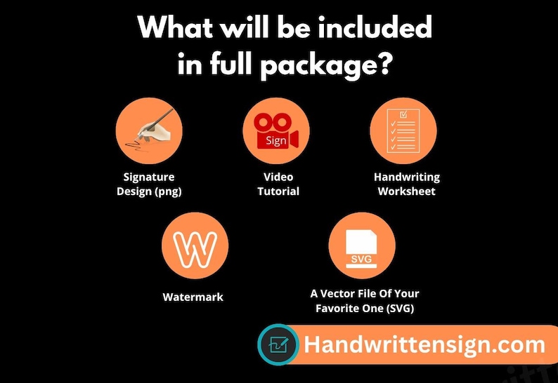 K&ouml;nnte beinhalten: Ein Bild mit dem Text "What will be included in full package?" mit Symbolen f&uuml;r Signaturdesign, Video-Tutorial, Handschrift-Arbeitsblatt, Wasserzeichen und eine Vektordatei. Die Website-Adresse "Handwrittensign.com" wird ebenfalls angezeigt.