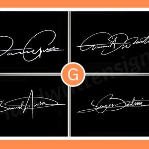 K&ouml;nnte beinhalten: Vier Beispiele f&uuml;r handschriftliche Signaturen in Wei&szlig; auf schwarzem Hintergrund. Die Signaturen sind im Kursivstil gehalten, wobei jeder Name in einer einzigartigen, flie&szlig;enden Schrift geschrieben ist. Das Bild ist mit einem wei&szlig;en und einem orangefarbenen Rahmen versehen.