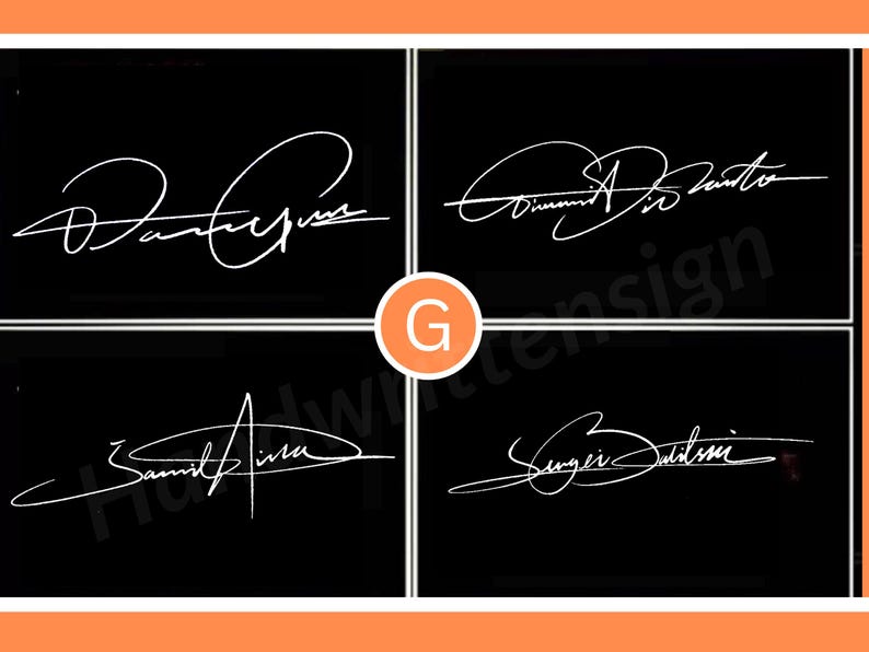K&ouml;nnte beinhalten: Vier Beispiele f&uuml;r handschriftliche Signaturen in Wei&szlig; auf schwarzem Hintergrund. Die Signaturen sind im Kursivstil gehalten, wobei jeder Name in einer einzigartigen, flie&szlig;enden Schrift geschrieben ist. Das Bild ist mit einem wei&szlig;en und einem orangefarbenen Rahmen versehen.