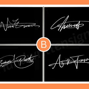 K&ouml;nnte beinhalten: Vier Beispiele f&uuml;r handschriftliche Signaturen in Wei&szlig; auf schwarzem Hintergrund. Jede Signatur ist einzigartig, mit flie&szlig;ender Schreibschrift. Das Bild ist in vier Abschnitte unterteilt, die jeweils einen anderen Signaturstil zeigen.