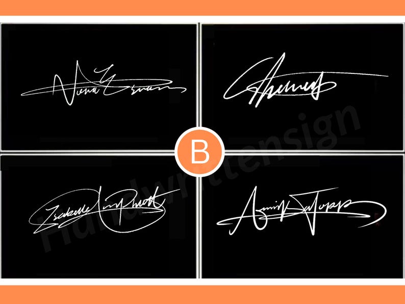 K&ouml;nnte beinhalten: Vier Beispiele f&uuml;r handschriftliche Signaturen in Wei&szlig; auf schwarzem Hintergrund. Jede Signatur ist einzigartig, mit flie&szlig;ender Schreibschrift. Das Bild ist in vier Abschnitte unterteilt, die jeweils einen anderen Signaturstil zeigen.