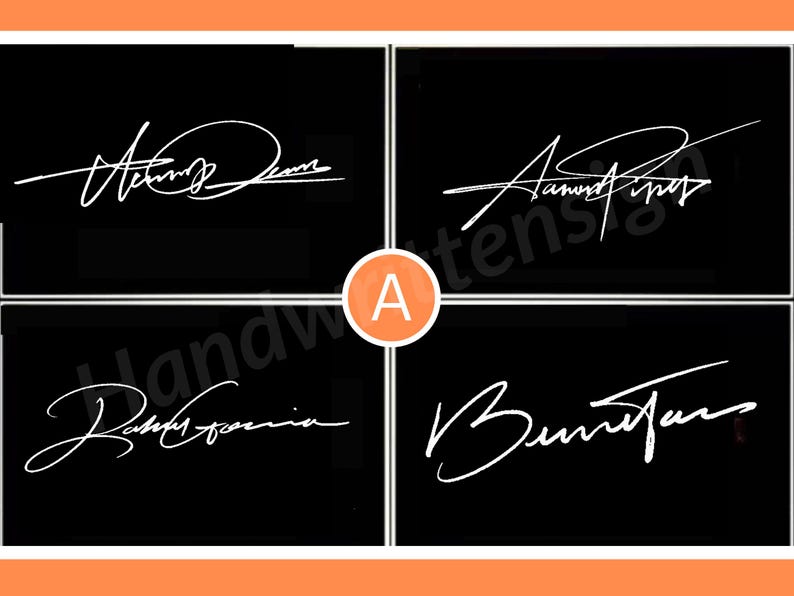 K&ouml;nnte beinhalten: Vier Beispiele f&uuml;r wei&szlig;e handschriftliche Signaturen auf schwarzem Hintergrund. Die Signaturen sind im Kursivstil gehalten, wobei jede einzigartig ist. Das Bild ist in vier Abschnitte unterteilt, mit dem Buchstaben "A" in einem Kreis in der Mitte.