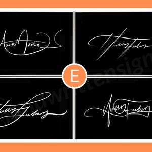 K&ouml;nnte beinhalten: Vier schwarze Quadrate mit wei&szlig;en handschriftlichen Unterschriften. Die Unterschriften sind im handschriftlichen Stil gehalten. Der Buchstabe "E" befindet sich in einem orangefarbenen Kreis in der Mitte. Der Hintergrund ist schwarz.