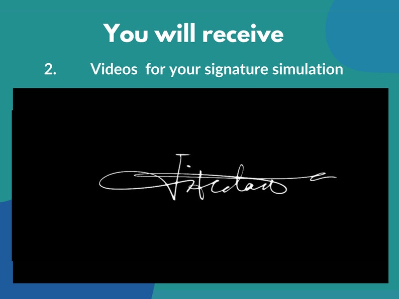 Może przedstawiać: Obraz przedstawia czarny ekran z białym podpisem pośrodku. Nad ekranem widnieje tekst "You will receive" i "Videos for your signature simulation". Podpis jest w formie pisma odręcznego.