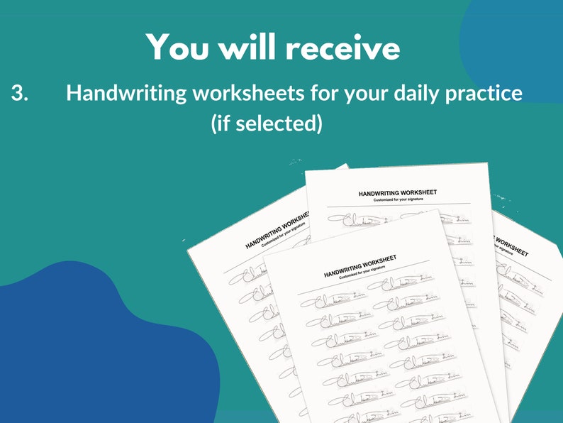 Może przedstawiać: Stos białych arkuszy do pisania ręcznego z powtarzającym się podpisem. Tekst "Handwriting Worksheet" jest widoczny na g&oacute;rze każdego arkusza. Tło jest turkusowe i niebieskie, z tekstem "You will receive" i "Handwriting worksheets for your daily practice".