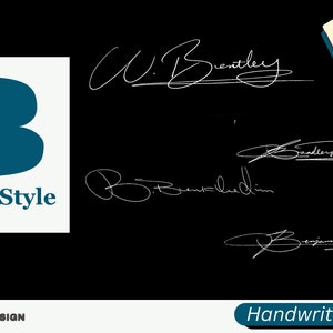 Firma de letra B en estilo manuscrito, entrega digital en 36-72 horas, video y hoja de trabajo disponibles para su práctica