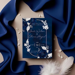 ÉLÉGANT 03 - Faire-part de mariage bleu royal élégant, invitation de feuilles blanches, invitation de mariage floral bleu royal foncé, faire-part bleu et blanc