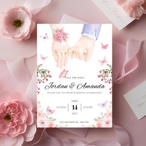 Rosa Blumenhochzeits-Einladung, Schmetterlings-Hochzeitsillustration, Außer der Datums-Blumenhochzeit, minimalistische Fantasie-Einladung
