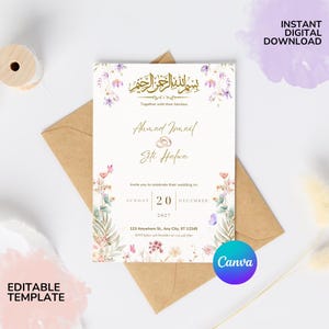 Modèle d'invitation islamique Nikkah modifiable | Réception florale de mariage musulman lavande Walima | Modèle Canva pour invitation numérique