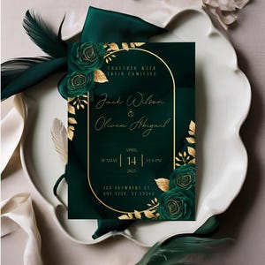 ÉLÉGANT 02 - Faire-part de mariage vert émeraude élégant, feuille d'or feuille d'invitation, invitation de mariage floral vert foncé, faire-part vert et or