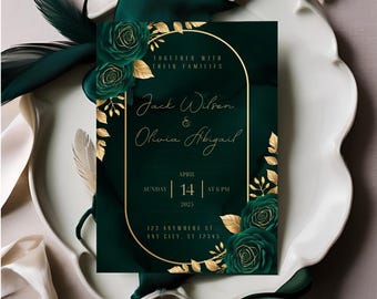 ELEGANTE 02 - Elegante invitación de boda verde esmeralda, invitación con hojas doradas, invitación floral verde oscuro, invitación verde y dorada