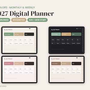 2027 Digital Planner, Minimalist GoodNotes Planner, Hyperlinked iPad Planner with Monthly & Weekly Pages, 2027 Calendar, Dark Mode