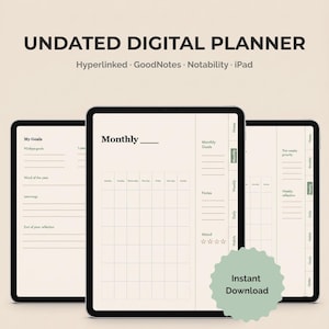 Könnte beinhalten: Ein undatierter digitaler Planer auf drei Tablet-Bildschirmen. Die Benutzeroberfläche zeigt eine Monatskalenderansicht, Bereiche zur Zielverfolgung und seitliche Navigationsreiter für Startseite, Monats-, Wochen-, Tages-, Gewohnheits- und Notizseiten.